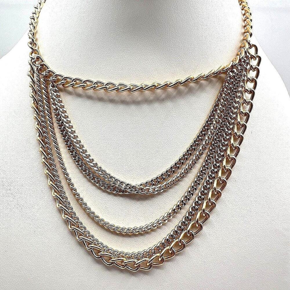 Vintage 90s Gold Tone Multi Layered Chain Necklace Chunky Statement Boho Jewelry